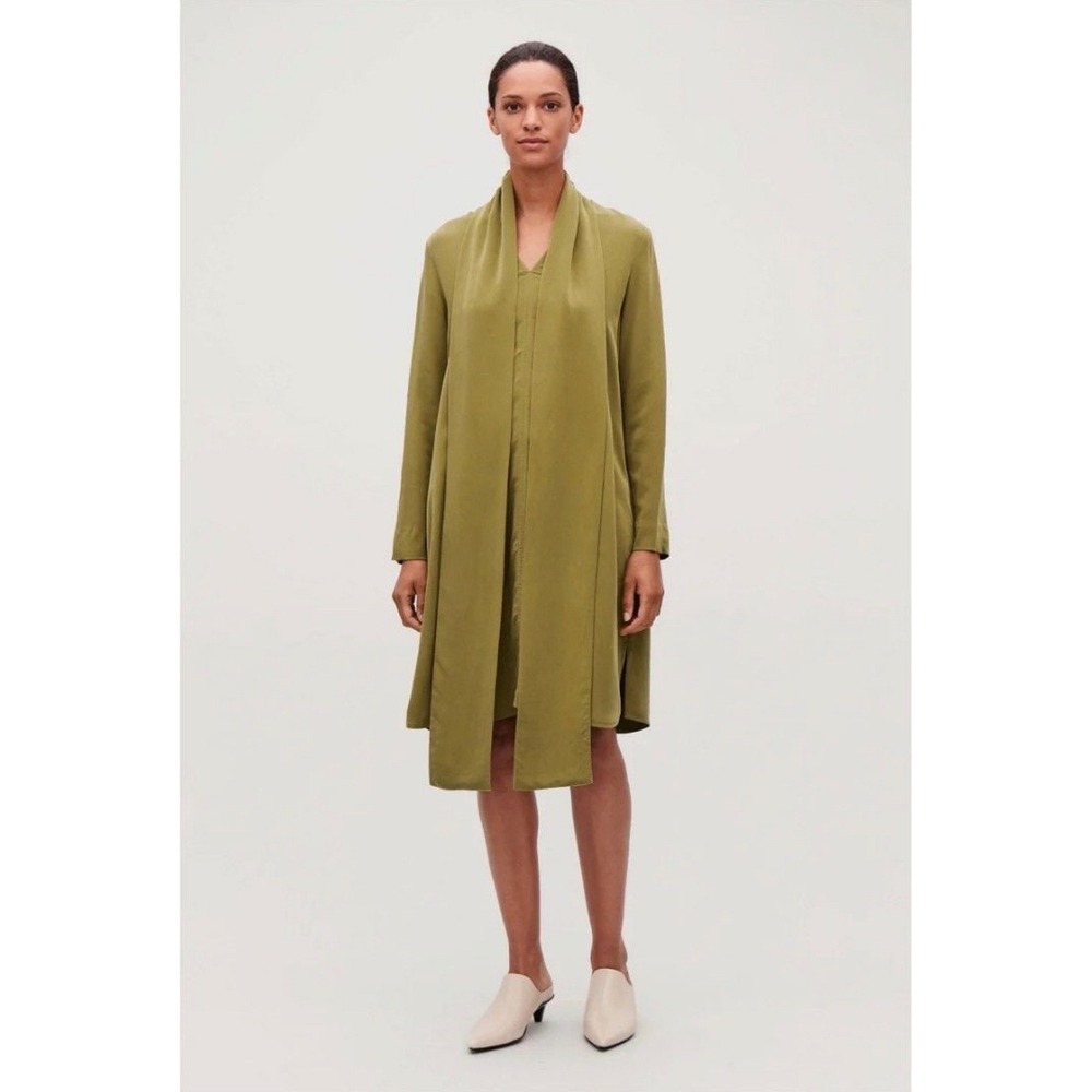 COS Draped Tie Shirt Dress 8 Olive Green Minimalist Long Sleeve Midi Pocket